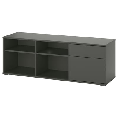 Banc TV noir VIHALS avec 2 tiroirs, rangement moderne, ouvert et fermé, gestion facile des câbles.