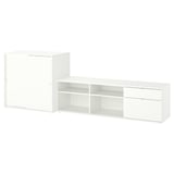 Combo de rangement VIHALS blanc avec étagères, tiroirs et portes coulissantes pour organiser les articles.
