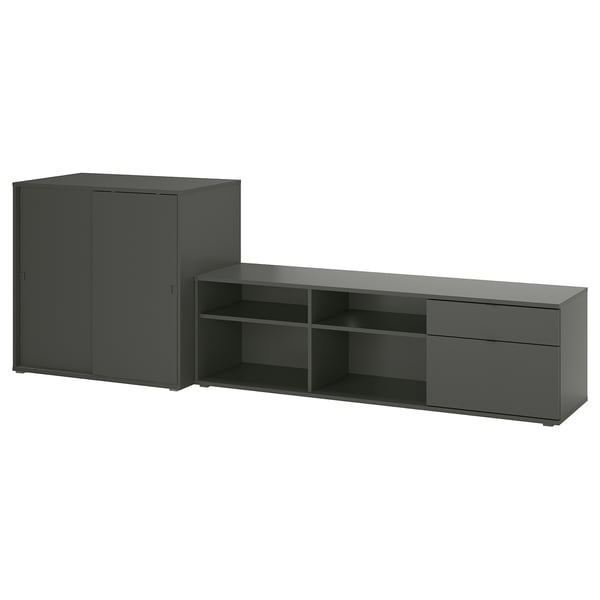 Meubles de rangement VIHALS noirs : une armoire avec des portes coulissantes et un banc TV avec étagères et tiroirs.