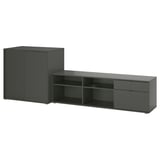 Meubles de rangement VIHALS noirs : une armoire avec des portes coulissantes et un banc TV avec étagères et tiroirs.