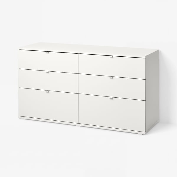 VIHALS Commode 6 tiroirs, blanc/fonction ouverture/fixation, 140x47x75 cm