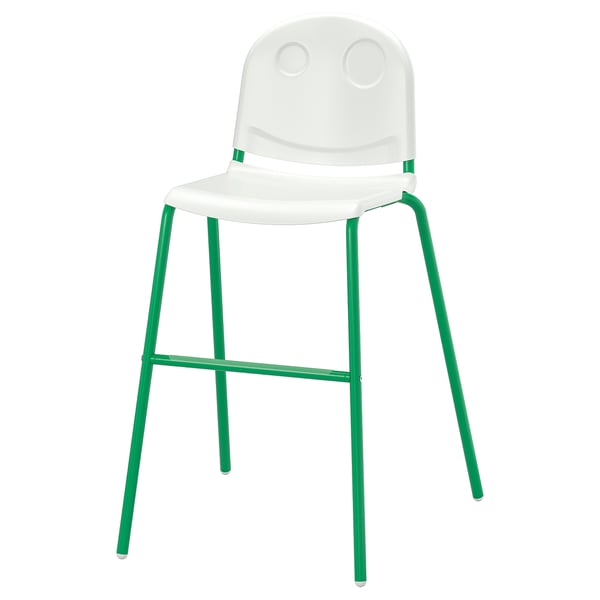 Une chaise junior blanche et verte appelée VILDGÅS avec un visage souriant, conçue pour les enfants.