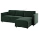 Représente un canapé VIMLE en forme de L vert sarcelle avec une chaise longue et des rangements intégrés. Design moderne avec pieds en bois foncé.