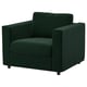 Fauteuil VIMLE vert, moderne, carré. Vert foncé, tissu rembourré, pieds robustes.