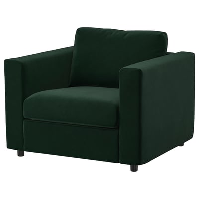 Fauteuil VIMLE vert, moderne, carré. Vert foncé, tissu rembourré, pieds robustes.