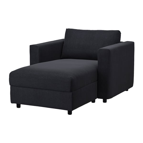 Chaise longue noire VIMLE, moderne, texturée douce, en forme de L avec accoudoir.