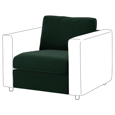 Chaise verte VIMLE, design moderne avec tissu moelleux vert foncé, accoudoirs carrés et cadre blanc élégant.