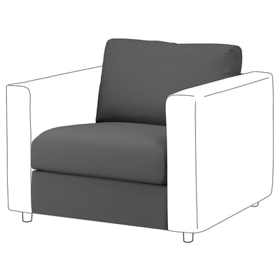 Fauteuil gris moderne, série VIMLE, avec un tissu doux et des lignes épurées, parfait pour s’asseoir confortablement.