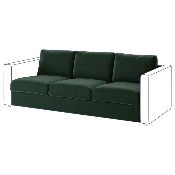 Canapé VIMLE. Velours vert profond, design moderne et élégant. Trois sièges rembourrés, accoudoirs carrés.