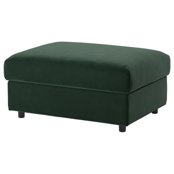 Un repose-pieds vert VIMLE avec rangement, conçu avec un revêtement en velours doux, une forme rectangulaire et des pieds noirs.