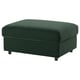 Un repose-pieds vert VIMLE avec rangement, conçu avec un revêtement en velours doux, une forme rectangulaire et des pieds noirs.