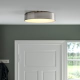 Plafonnier émettant une lumière douce, design moderne en métal brossé, adapté aux couloirs et aux cuisines.