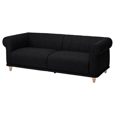 Canapé VISKAFORS noir, design classique, assise profonde, accoudoirs arrondis doux, pieds en bois, accueillant.