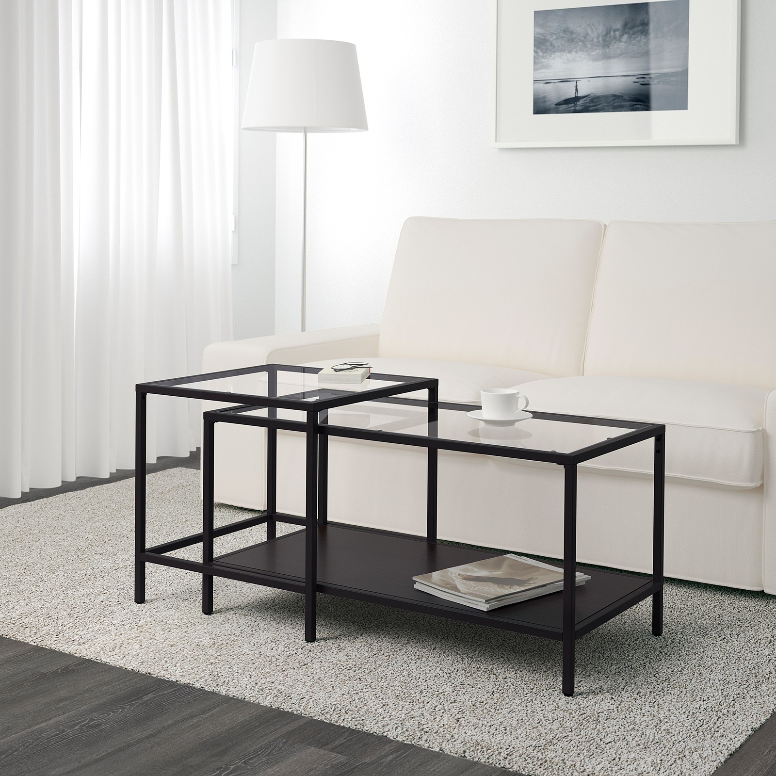 VITTSJÖ Tables gigognes, lot de 2, brun noir, verre, 90x50 cm IKEA