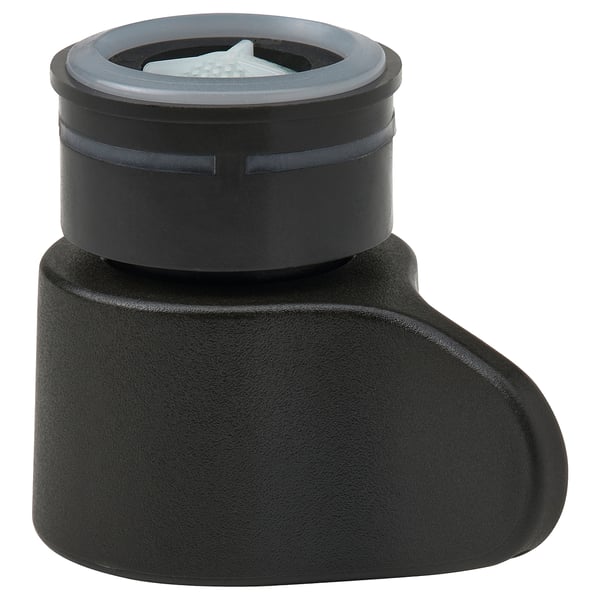 Zwart abs-kunststof gootsteenmondstuk, cilindrisch met een getextureerde handgreep, ontworpen voor ergonomisch gebruik.