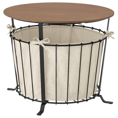 Aesbyn opbergtafel: houten blad, beige stof, zwart metalen frame; Multifunctioneel, rustiek ontwerp.