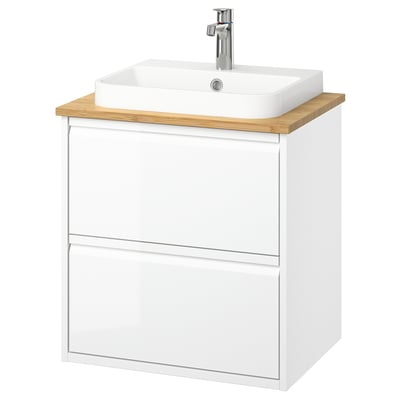 Moderne witte badkamermeubel met houten blad, minimalistisch design, aan de muur gemonteerde, semi-verzonken wastafel.