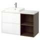 Moderne badkamermeubel, wit & hout, open & gesloten opslag, marmeren blad, zilveren kraan.