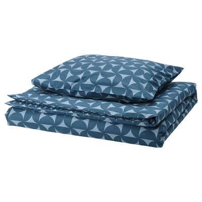 Blauwe geometrische beddengoedset; Vierkante kussens, afgeronde vormen.