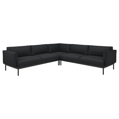 Donkergrijze moderne hoekbank, minimalistisch design met metalen poten, pluche kussens.