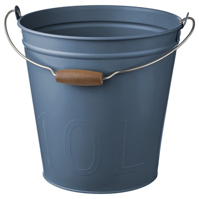 ÅKERBÄR blauwe metalen plantenemmer met houten handvat.