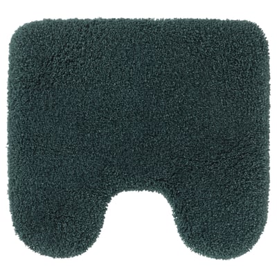 Donkergroene, rechthoekige badmat met een uitsparing in het midden, pluche textuur, gerecycled polyester.