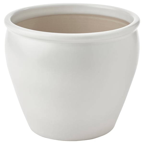 Witte, ronde, steengoed plantenbak met gladde randen.