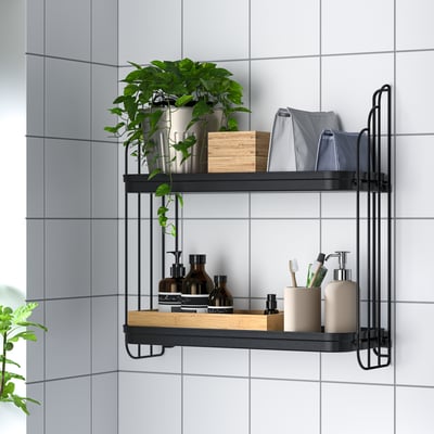 APOTEKARE zwarte wandplank, staal, rechthoekig, minimalistisch ontwerp, houdt planten of decor.