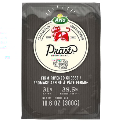 Afbeelding toont de verpakking van ARLA PRÄST-kaas. Zwarte verpakking met wit logo. Kaas weegt 10. 6 ons.