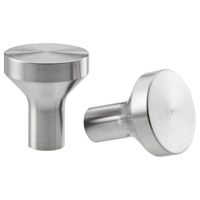 Twee BAGGANÄS-knoppen, strak en zilver, modern design met gladde, afgeronde bladen en cilindrische stelen.