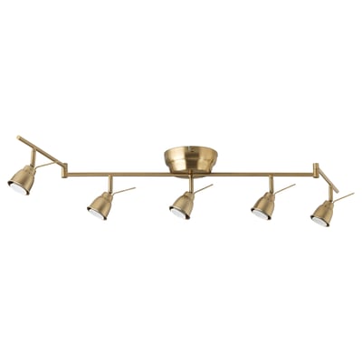 Een messing plafondlamp genaamd BAROMETER met vijf verstelbare spots en een centraal hub-ontwerp.