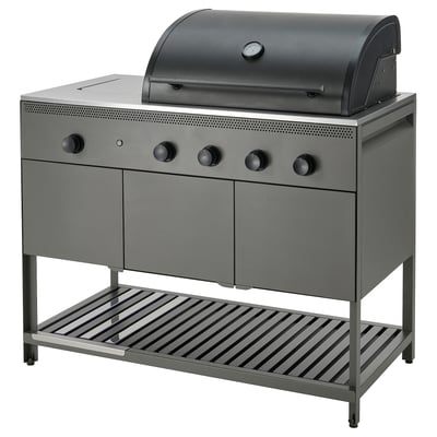 Moderne gas bbq grill in grijs met vier branders, zijbrander en opslag. Gepoedercoat stalen frame, roestvrijstalen roosters en geëmailleerde behuizing.