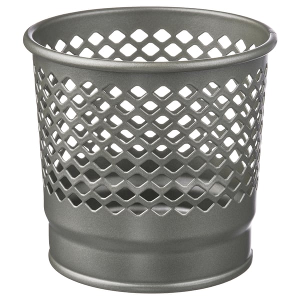 Elegante grijze metalen opbergbak met geperforeerd ontwerp voor ademend vermogen en stijl