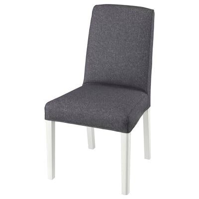 Moderne BERGMUND stoel, grijze stof, witte poten, vierkante vorm, comfortabel & stijlvol.