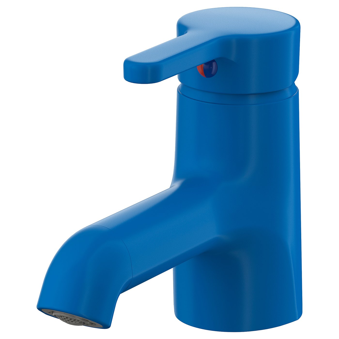 Een blauwe kraan genaamd BERGVATTNET met een hendel, gemaakt van polycarbonaat/abs-kunststof, en met een ontwerp dat bespaart op koud water.