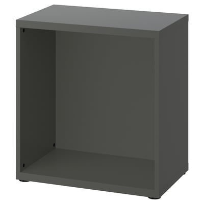 Een ikea BESTÅ opbergframe in donkergrijs, rechthoekig van vorm, met een minimalistisch design voor veelzijdig opberggebruik.