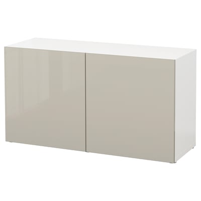 Witte BESTÅ kast met beige glanzende deuren, rechthoekig, modern design.