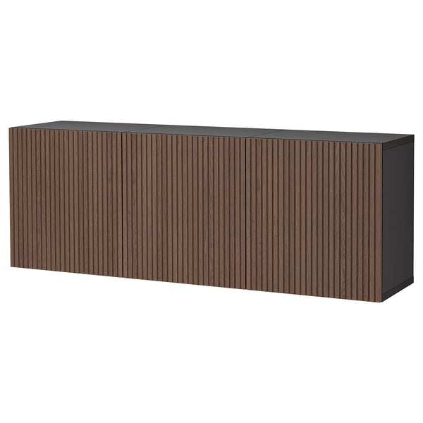 Modern BESTÅ opbergmeubel, donker hout, stevig.