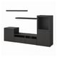 Moderne zwarte meubelset: tv-bankje, planken en kast. Strakke lijnen, minimalistische stijl.