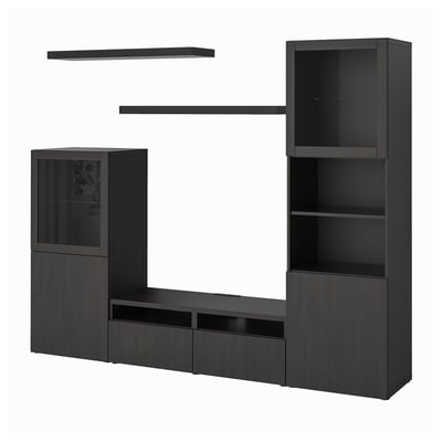 Zwart uitgaanscentrum BESTÅ. Tv-meubel, wandplanken, glazen kasten. Modern, strak design. Perfect voor woonkamers.