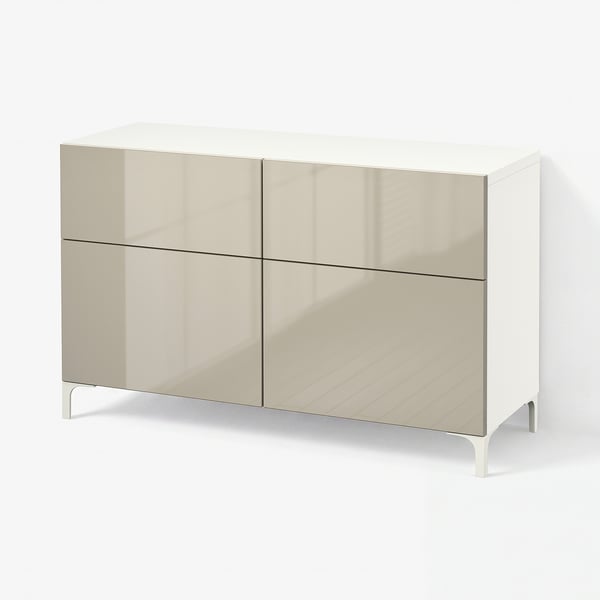 BESTÅ Opbergcombi met deuren/lades, wit/Selsviken hoogglans/beige, 120x42x74 cm