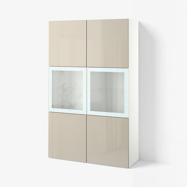 BESTÅ Opbergcombinatie met glazen deuren, wit/Selsviken hoogglans/beige helder glas, 120x42x193 cm
