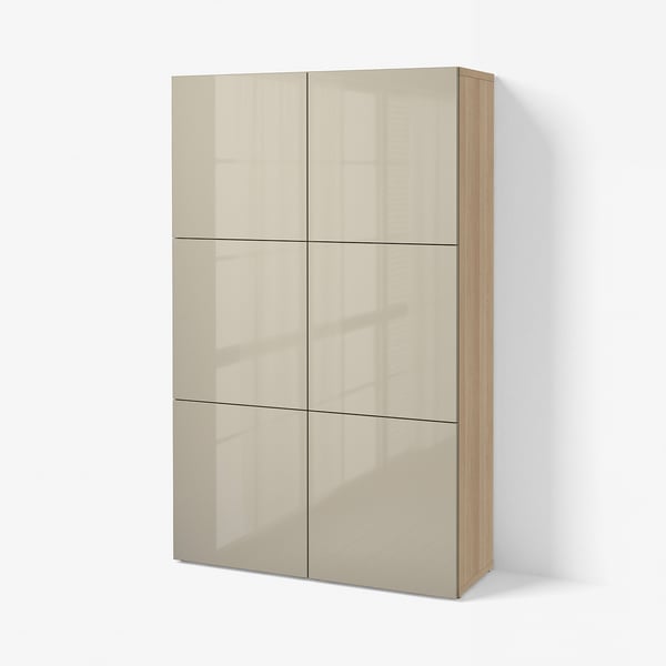 BESTÅ Opberger met deuren, wit gelazuurd eikeneffect/Selsviken hoogglans/beige, 120x42x193 cm
