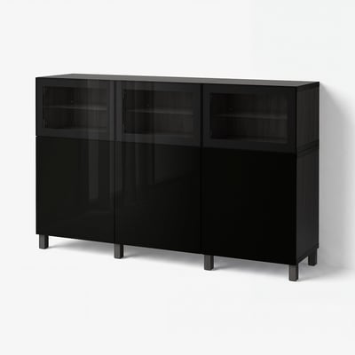 BESTÅ Opberger met deuren, zwartbruin Selsviken/Glassvik hoogglans/zwart helder glas, 180x42x112 cm