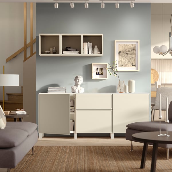 BESTÅ Opberger met lades, wit/Krukmakare beige, 180x42x75 cm