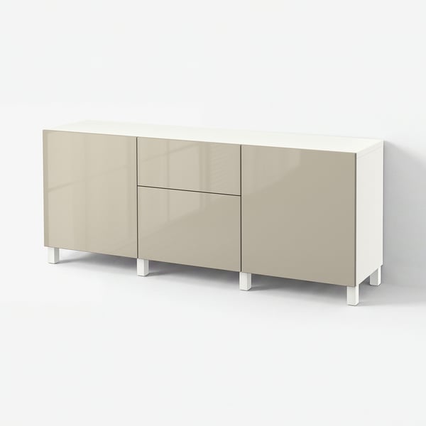 BESTÅ Opberger met lades, wit/Selsviken/Stubbarp hoogglans/beige, 180x42x74 cm
