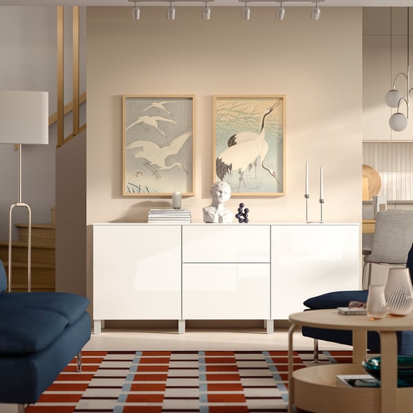 BESTÅ Opberger met lades, wit/Selsviken/Stubbarp hoogglans wit, 180x42x75 cm