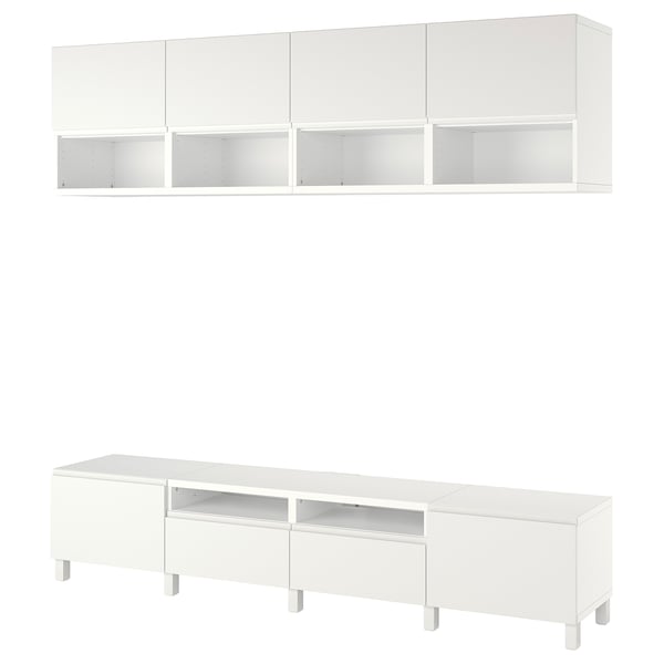 BESTÅ tv-meubel: wit, modern, rechthoekig met open planken, lades, poten en wandkasten.