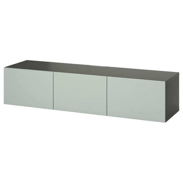 Modern grijs BESTÅ tv-meubel, rechthoekige vorm met strak design, drie deuren, wandmontage voor kabelbeheer.