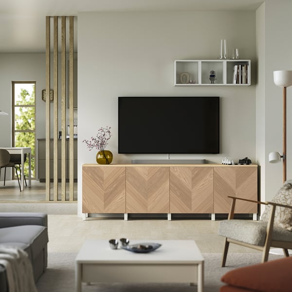 BESTÅ Tv-meubel met deuren, wit/Hedeviken/Stubbarp eikenfineer, 240x42x76 cm